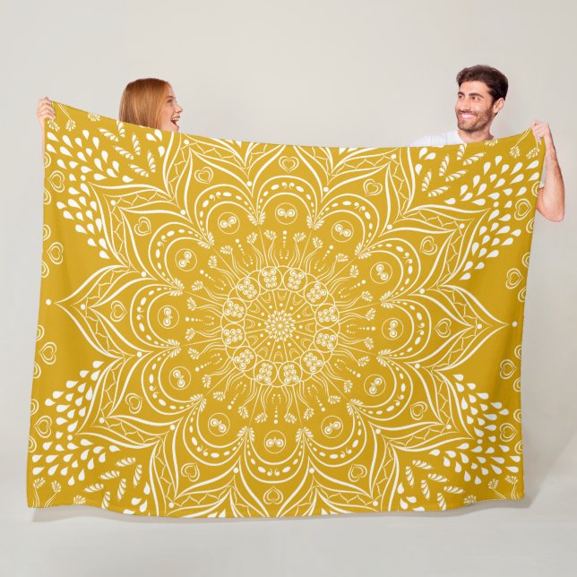Boho Mandala Bright Mustard Gult Fleecefilt (På plats)