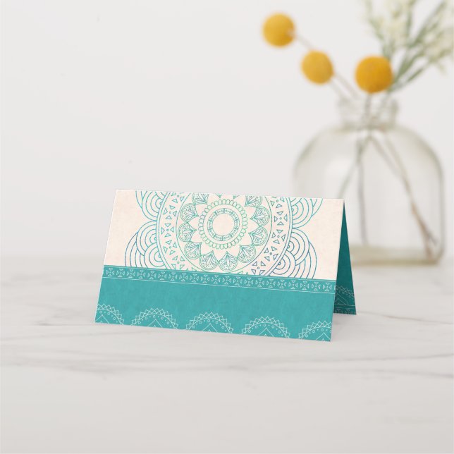 Boho Mandala Elegant Teal Bröllop Bord Placeringskort (Framsida)