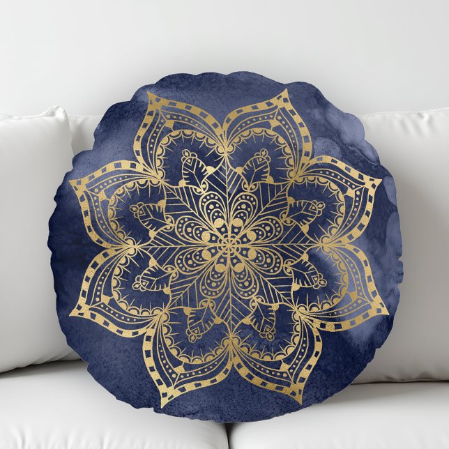 Boho Mandala Guld Marinblå Bläck Textur Rund Kudde (Skapare uppladdad)
