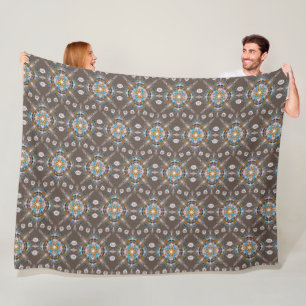 Boho Mandala Handritad Blå Brun Färgrik Fleecefilt