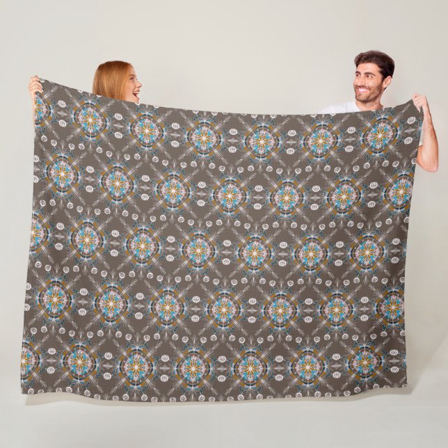 Boho Mandala Handritad Blå Brun Färgrik Fleecefilt (På plats)