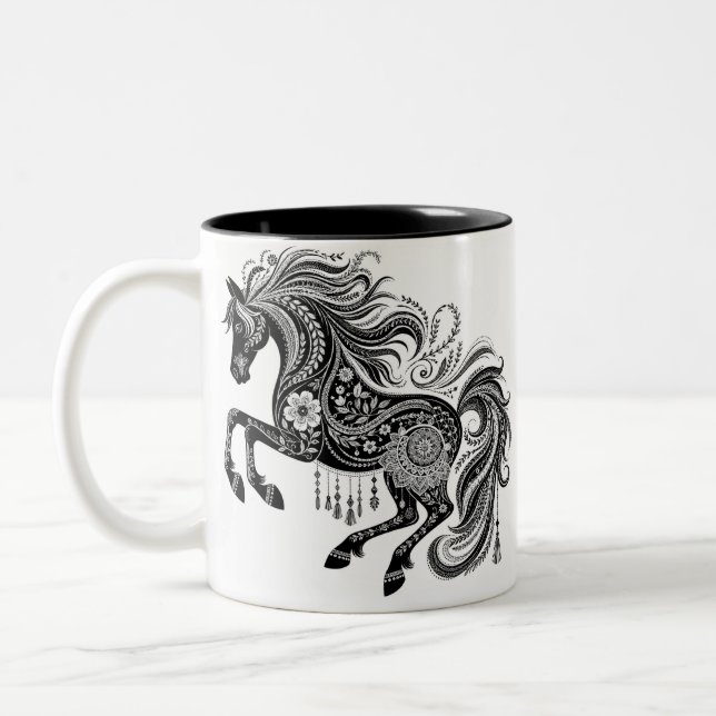 Boho Mandala Häst Ornamenterad Blommig Konst Kaffe Två-Tonad Mugg (Vänster)