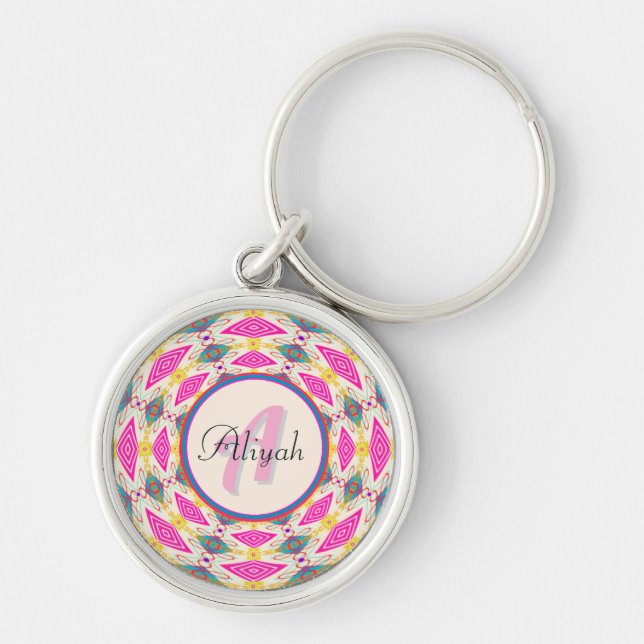 Boho Mandala Keychain Rund Silverfärgad Nyckelring (Framsidan)