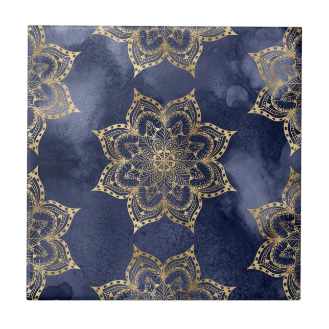 Boho Mandala Mönster Guld Marinblå Bläck Struktur Kakelplatta (Framsidan)