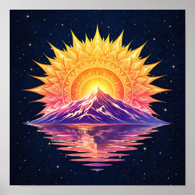 Boho Mandala Mountain Sunset | Cosmic Night Sky Poster (Framsidan)