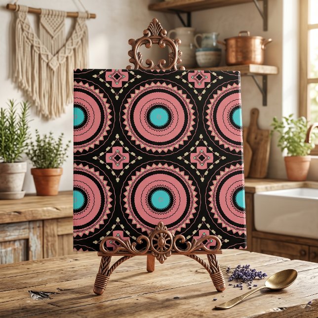 Boho Mandala Rosa Turkos Svart Geometrisk Mosaik Kakelplatta (Skapare uppladdad)