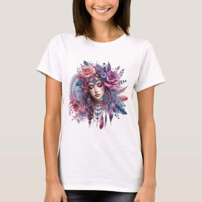 Boho Mandala T-Shirt – Floral Feathers  (Framsida)