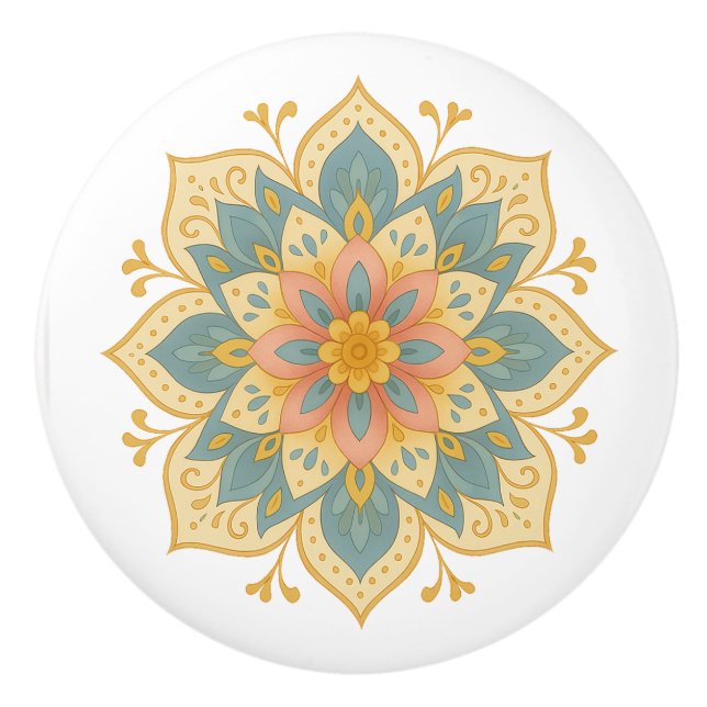 Boho Mandala Teal Blush & Guld Keramisk Knoppdrag Knopp (Framsidan)