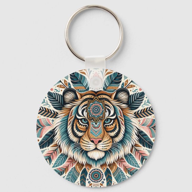 Boho mandala tiger-fjädrar nyckelring (Framsida)
