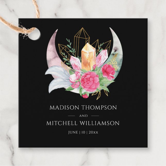 Boho Måne Crystals Feathers Rosa Flowers Bröllop Gåvor Etiketter (Framsida)