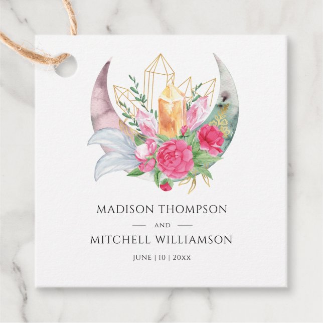 Boho Måne Crystals Feathers Rosa Flowers Bröllop Gåvor Etiketter (Framsida)