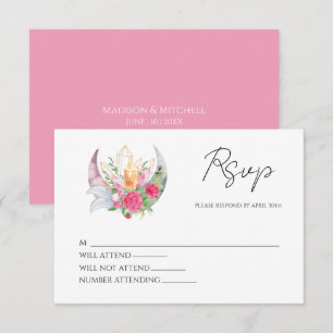 Boho Måne Crystals Feathers Rosa Flowers Bröllop OSA Kort