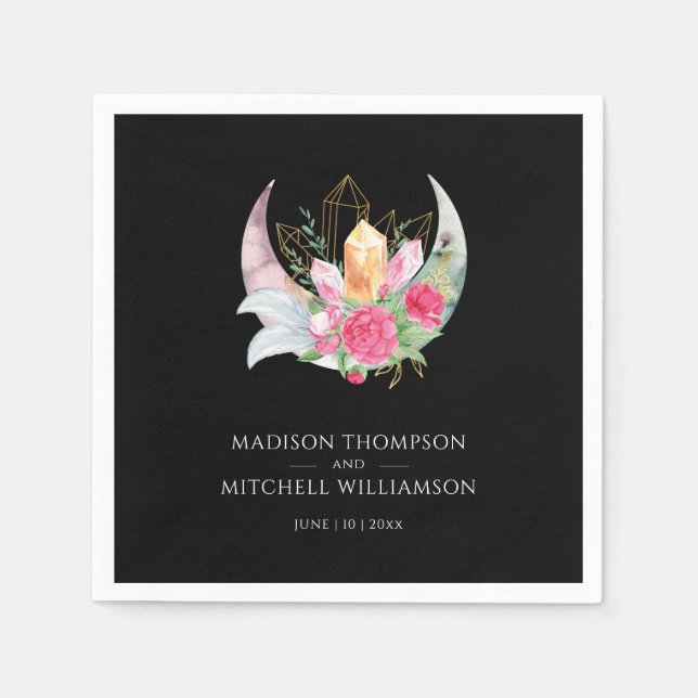 Boho Måne Crystals Feathers Rosa Flowers Bröllop Pappersservett (Framsidan)