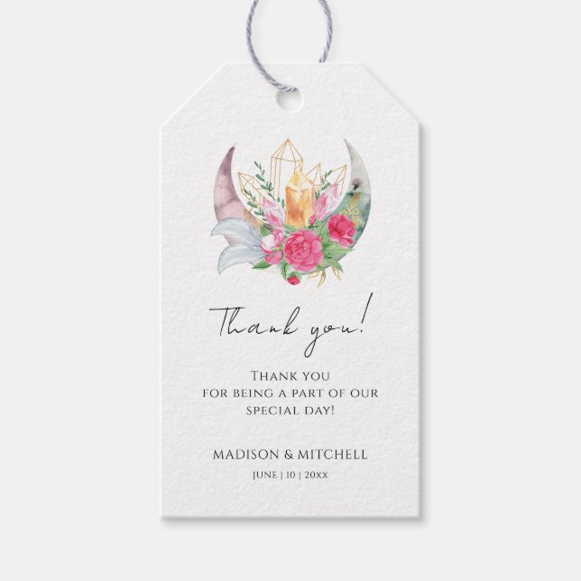 Boho Måne Crystals Feathers Rosa Flowers Bröllop Presentetikett (Framsidan)