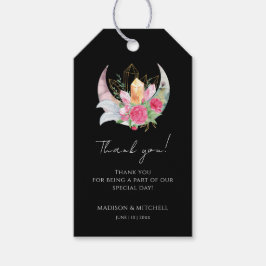 Boho Måne Crystals Feathers Rosa Flowers Bröllop Presentetikett