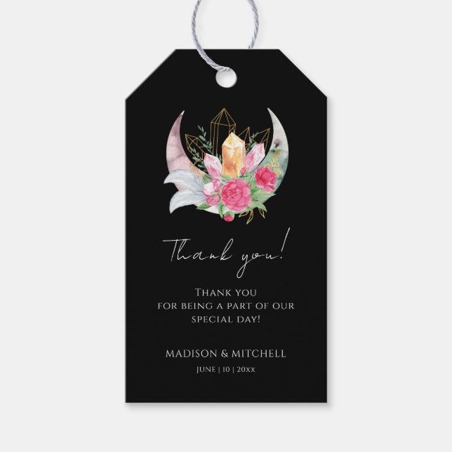Boho Måne Crystals Feathers Rosa Flowers Bröllop Presentetikett (Framsidan)