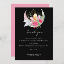 Boho Måne Crystals Feathers Rosa Flowers Bröllop Tack Kort