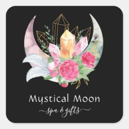 Boho Måne Crystals Feathers Rosa Flowers Esoteric Fyrkantigt Klistermärke
