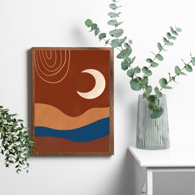 Boho Måne Landcape Abstrakt Terracotta Trendig Poster (Boho Moon Landscape Beige Brown Blue White Wall Art. Digital and Printed)