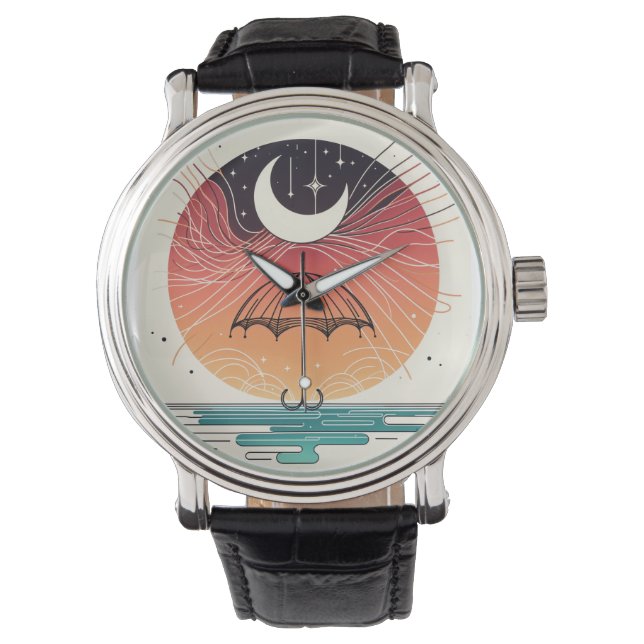 Boho Måne & Parbrella Rain to Stars Minimalist Art Armbandsur (Framsida)