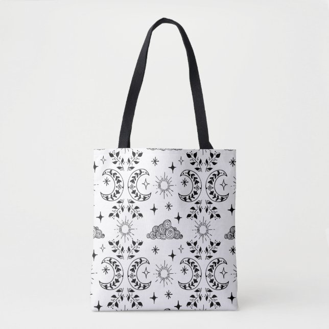 Boho Måne & Sol Tote Bag - Svartvit Tygkasse (Framsida)
