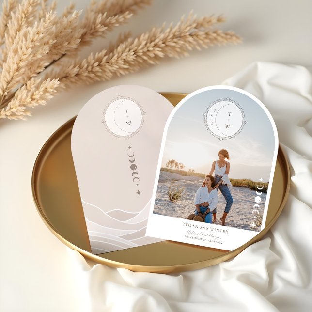 Boho Måne Star sparar datumfotfoto Bröllop Inbjudningar (Boho Celestial Moon Star Save The Date Arch Photo Invitation)