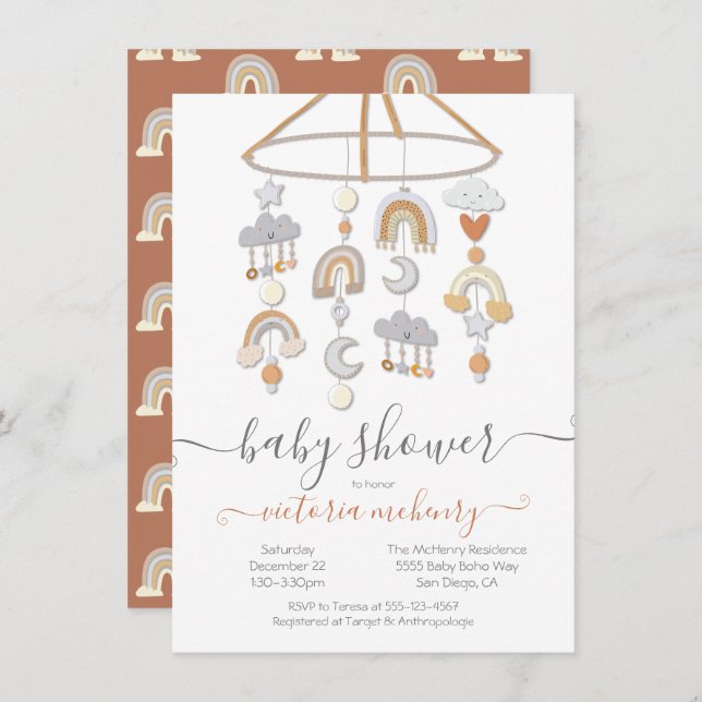 Boho Måne Stars Rainbows Clouds Mobile Baby Shower Inbjudningar (Fram/baksida)