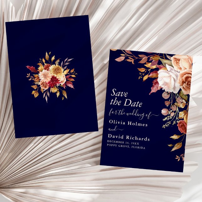 Boho Marinblå Bränd Orange Blommig Bröllop Spara Datumet (Boho Navy Blue Burnt Orange Floral Wedding Save The Date on a sunny neutral dry palm leaf.)