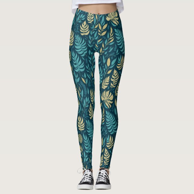 Boho marinblå gula botaniska blad grönska leggings (Framsida)