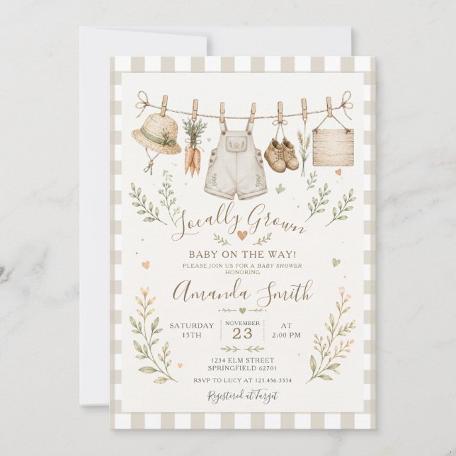 Boho Market Lokalt Odlad Baby Shower Gingham Inbjudningar (Framsida)