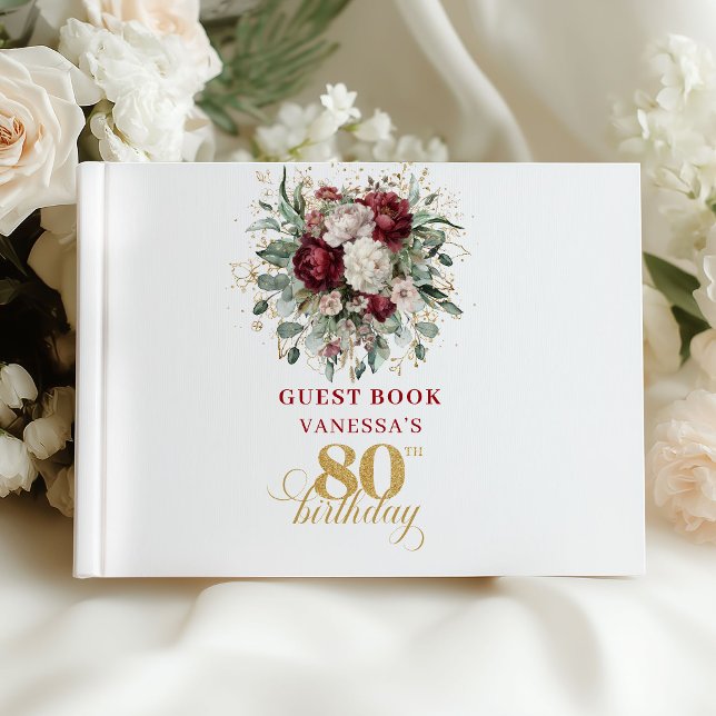 Boho Maroon Blommig Gästbok för 80-årsfirande (Boho Maroon Floral 80th Birthday Guest Book)