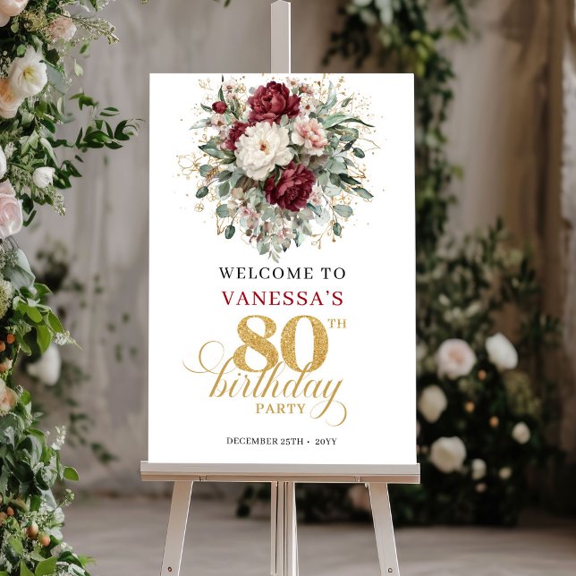 Boho Maroon Blommig Välkomstaffisch för 80-årsfira Poster (Boho Maroon Floral 80th Birthday Welcome Poster)