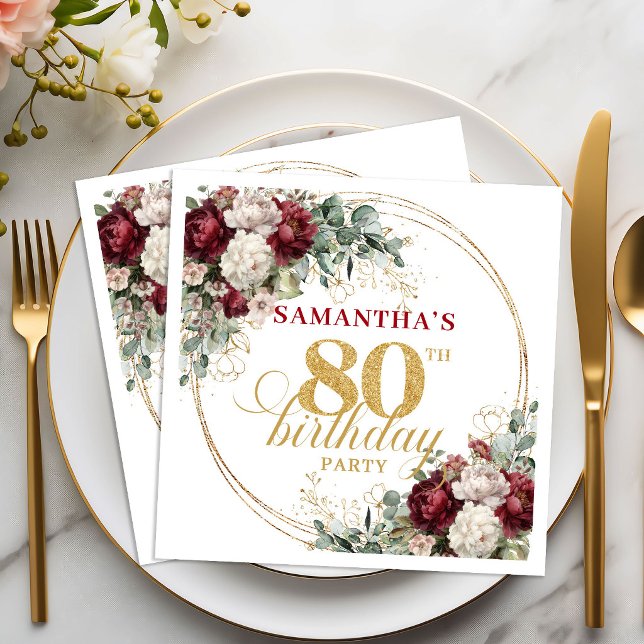 Boho Maroon Blommiga Guld 80-års Födelsedags Serve Pappersservett (Boho Maroon Floral Gold 80th Birthday Napkins)