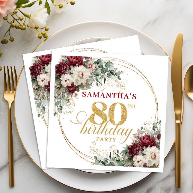 Boho Marsala Blommiga Guld 80-års Födelsedags Serv Pappersservett (Boho Marsala Floral 80th Birthday Napkins)
