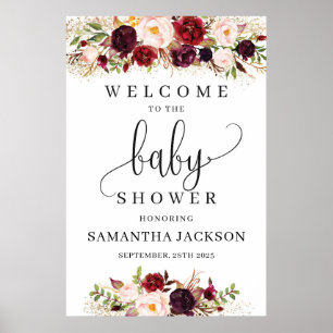 Boho marsala-blommigtens välkomstskylt för babydus poster