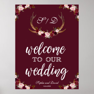 Boho Marsala Burgundy Välkommen till vårt Bröllop- Poster