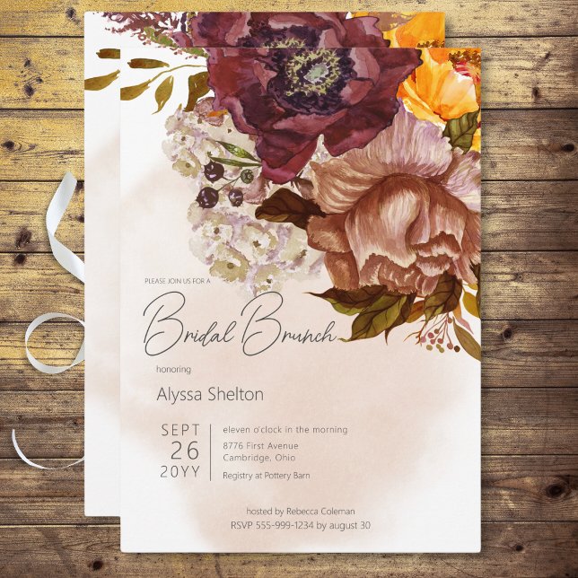 Boho Marsala Clay & Gult Bouquet Möhippa Brunch Inbjudningar (Boho Marsala Clay & Yellow Bouquet Bridal Brunch Invitation)