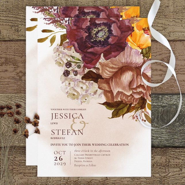 Boho Marsala Clay & Gult Tan Bouquet Bröllop Inbjudningar (Skapare uppladdad)
