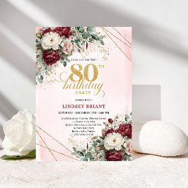 Boho Marsala Flowers Eucalyptus 80th Birthday Inbjudningar