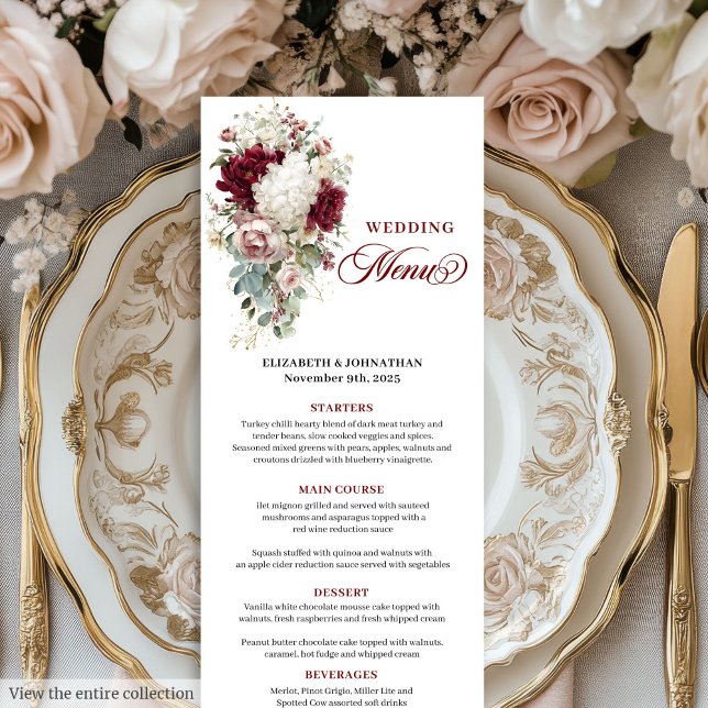Boho marsala guld ro-romantiskt menykort för bröll meny (Boho marsala gold roses romantic wedding menu card

)