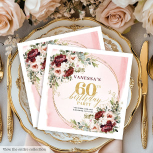Boho Marsala Guld Rosor Elegant 60 Födelsedagsserv Pappersservett