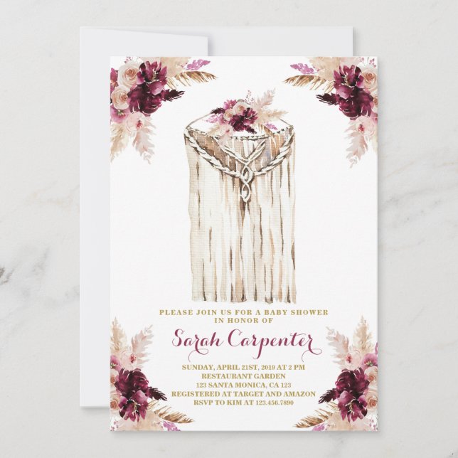 Boho marsala macrame baby dusch inbjuden flicka inbjudningar (Framsida)