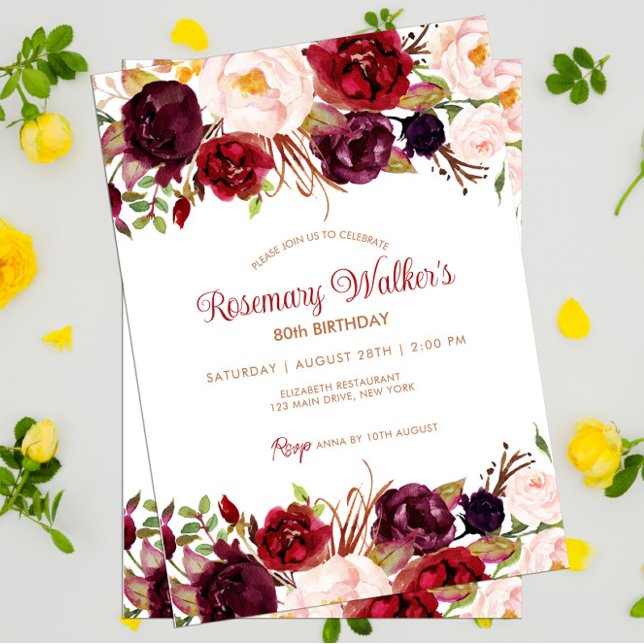 Boho Marsala Mörk Peony Blommigt 80 födelsedagar Inbjudningar (Boho Floral 80th Birthday Invitation)