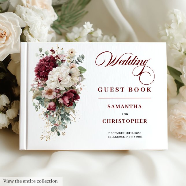 Boho marsala, vit gäst guld ro bröllop bok (Boho marsala white gold roses wedding guest book

)