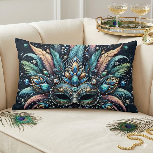 Boho Masquerade Fjäder Juvel Mask Lumbarkudde (Boho Masquerade Feather Jewel Mask Lumbar Pillow Mockup A)