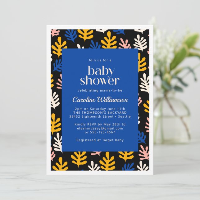 Boho Matisse Botanical Blue and Black Baby Shower Inbjudningar (Stående Fram)