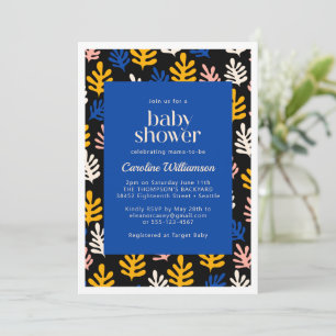 Boho Matisse Botanical Blue and Black Baby Shower Inbjudningar