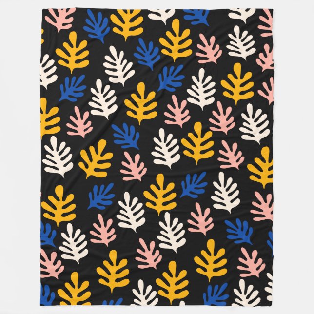 Boho Matisse Botanical Shapes in Black Rosa Blue Fleecefilt (Framsidan)