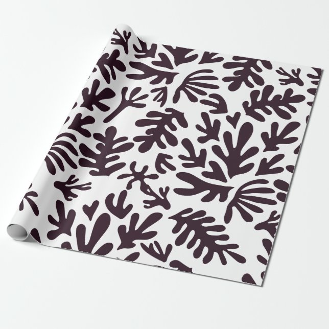 Boho Matisse Botanical Shapes Mönster Black White Presentpapper (Utrullad)