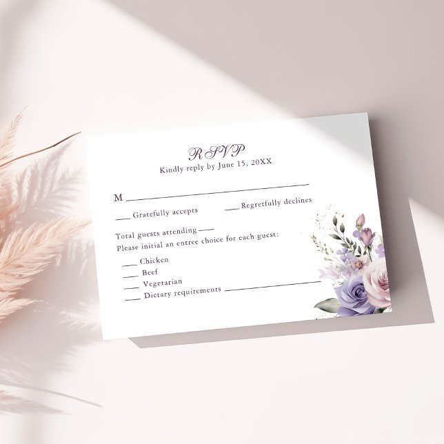 Boho Mauve and Lilac Flowers Wedding RSVP Card OSA Kort (Boho Mauve and Lilac Flowers Wedding RSVP Card on a sunny table with neutral dry botanicals)